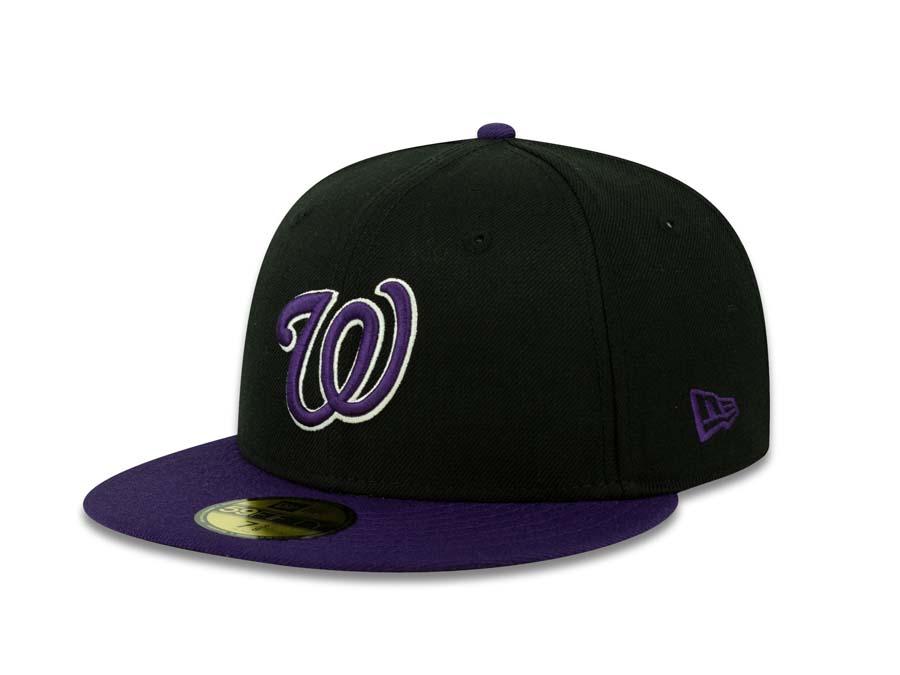 Washington Nationals New Era MLB 59FIFTY 5950 Fitted Cap Hat Black Crown Purple Visor Purple/White Logo 