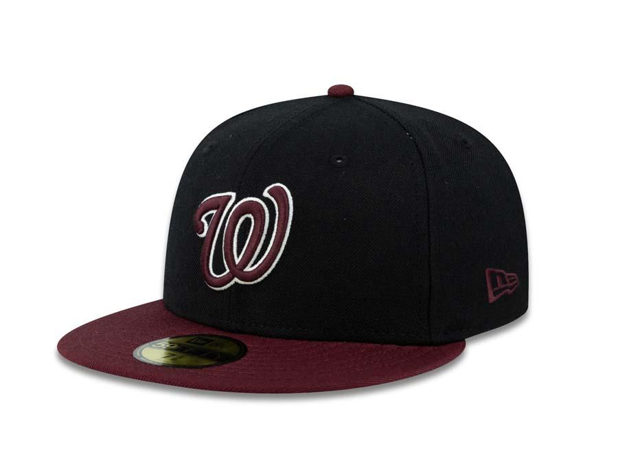 Washington Nationals New Era MLB 59FIFTY 5950 Fitted Cap Hat Black Crown Maroon Visor Maroon/White Logo 