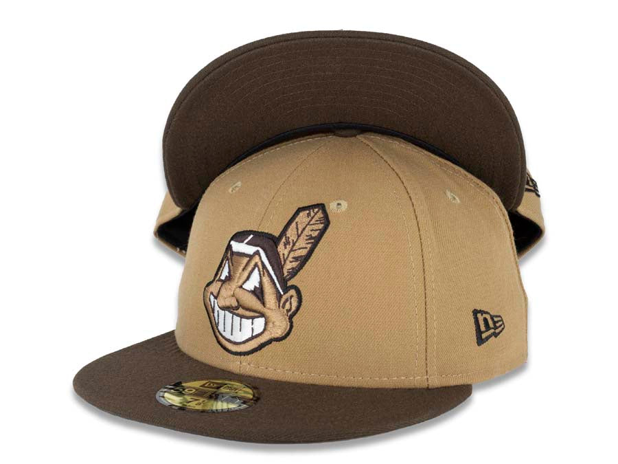 Cleveland Indians New Era MLB 59FIFTY 5950 Fitted Cap Hat Khaki/Beige Crown Brown Visor Beige/Brown/White Chief Wahoo Logo