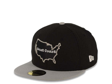 West Coast New Era 59FIFTY 5950 Fitted Cap Hat Black Crown Gray Visor Black/Gray/White Test Inside USA Map Logo