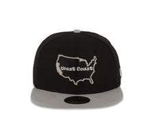Load image into Gallery viewer, West Coast New Era 59FIFTY 5950 Fitted Cap Hat Black Crown Gray Visor Black/Gray/White Test Inside USA Map Logo

