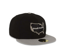 Load image into Gallery viewer, West Coast New Era 59FIFTY 5950 Fitted Cap Hat Black Crown Gray Visor Black/Gray/White Test Inside USA Map Logo
