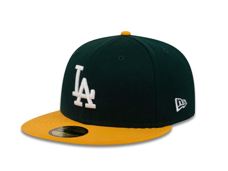 Los Angeles Dodgers New Era MLB 59FIFTY 5950 Fitted Cap Hat Dark Green Crown Yellow Visor White Logo
