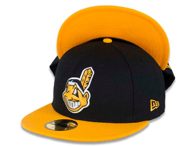 Cleveland Indians New Era MLB 59FIFTY 5950 Fitted Cap Hat Black Crown Yellow Visor Yellow/White Chief Wahoo Logo