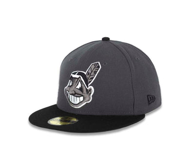 Cleveland Indians New Era MLB 59FIFTY 5950 Fitted Cap Hat Dark Gray Crown Black Visor Dark Gray/White Chief Wahoo Logo
