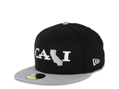 CALI CALIfornia New Era 59FIFTY 5950 Fitted Cap Hat Black Crown Gray Visor CALI Script Logo with Map