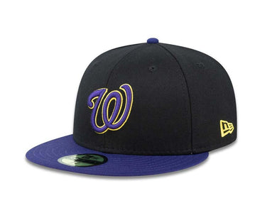 Washington Nationals New Era MLB 59FIFTY 5950 Fitted Cap Hat Black Crown Purple Visor Purple/Yellow Logo