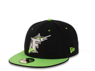 Miami Marlins New Era MLB 59FIFTY 5950 Fitted Cap Hat Black Crown Lime Green Visor Lime Green/Gray Cooperstown Retro Logo
