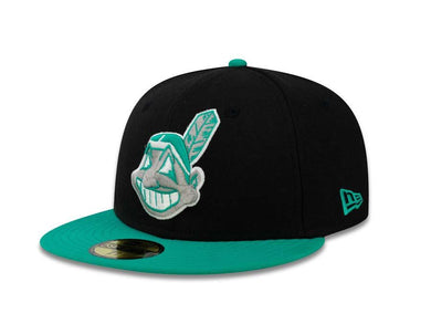 Cleveland Indians New Era MLB 59FIFTY 5950 Fitted Cap Hat Black Crown Teal Visor Gray/Teal/White Chief Wahoo Logo