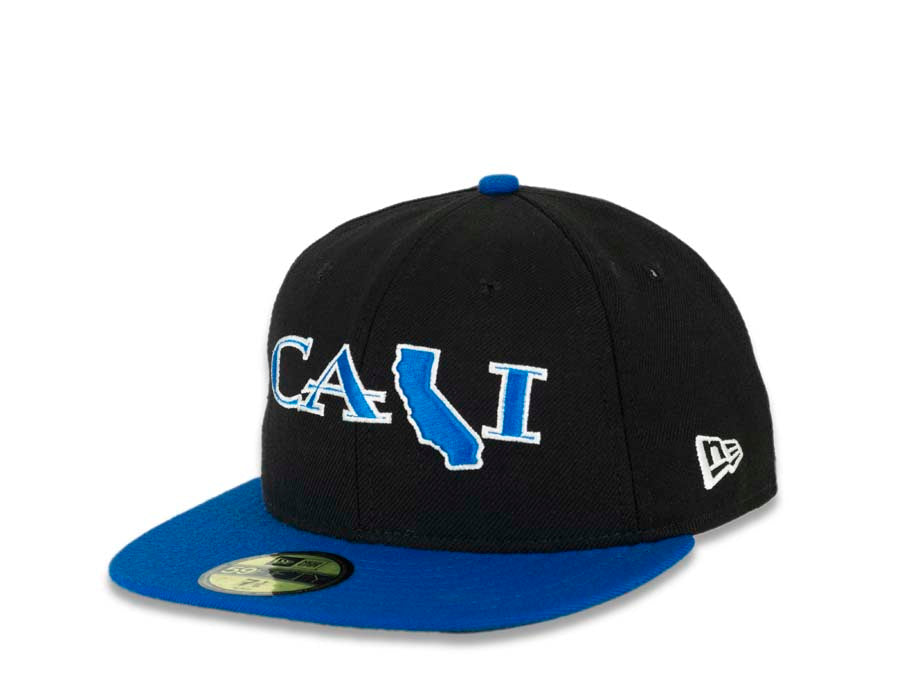 CALI CALIfornia New Era 59FIFTY 5950 Fitted Cap Hat Black Crown Blue Visor Blue/White CALI Script Logo with Map