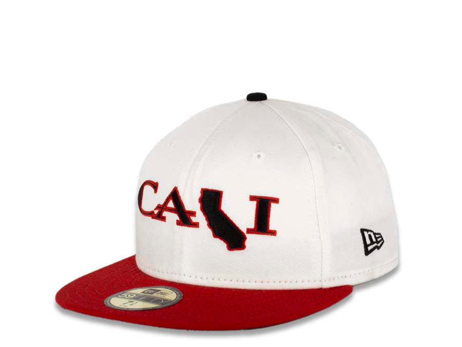 CALI CALIfornia New Era 59FIFTY 5950 Fitted Cap Hat White Crown Red Visor Black/Red CALI Script Logo with Map