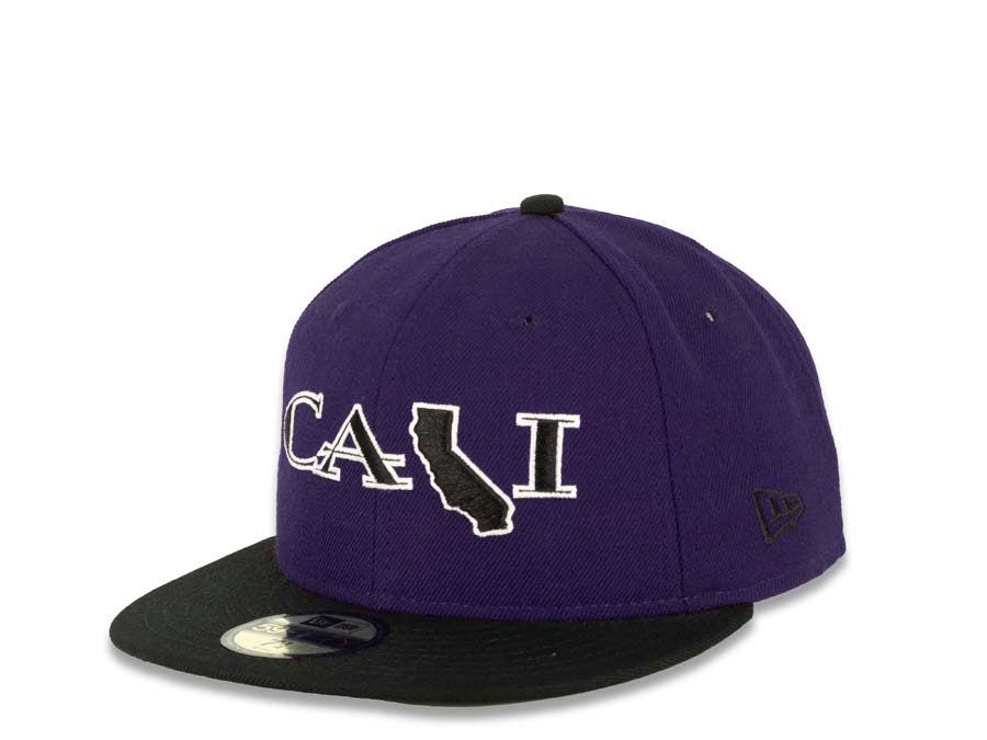 CALI CALIfornia New Era 59FIFTY 5950 Fitted Cap Hat Purple Crown Black Visor Black/White CALI Script Logo with Map