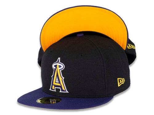 Los Angeles Anaheim Angels New Era MLB 59FIFTY 5950 Fitted Cap Hat Black Crown Purple Visor Purple/Yellow Logo Yellow UV