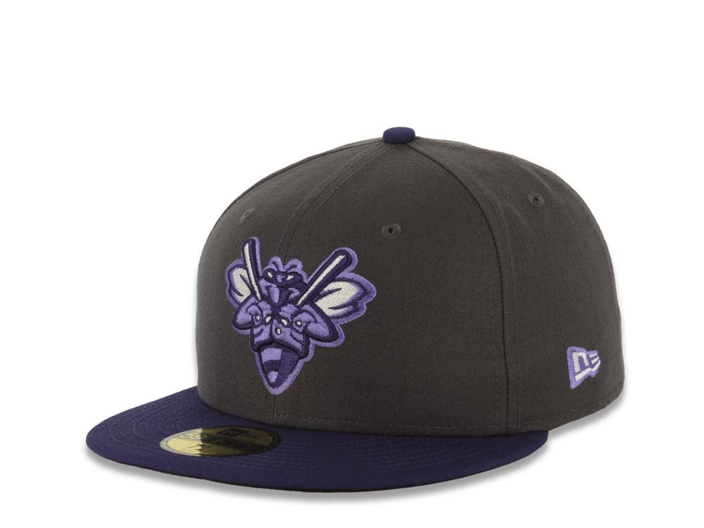 Augusta Green Jackets MiLB New Era 59FIFTY 5950 Fitted Cap Hat Dark Gray Crown Purple Visor Purple/White Logo