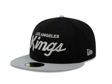 Load image into Gallery viewer, Los Angeles Kings New Era NHL 59FIFTY 5950 Fitted Cap Hat Black Crown Gray Visor Gray Script Logo
