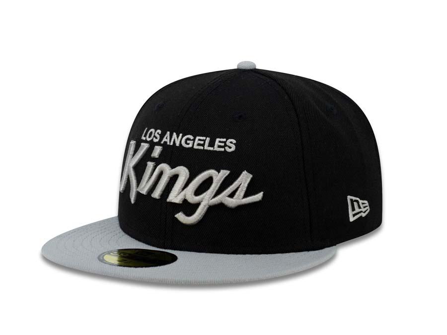 Los Angeles Kings New Era NHL 59FIFTY 5950 Fitted Cap Hat Black Crown Gray Visor Gray Script Logo