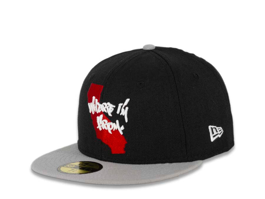 CALI CALIfornia New Era 59FIFTY 5950 Fitted Cap Hat Black Crown Gray Visor White/Red State Map with Where I'm From Script Logo