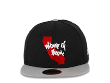 Load image into Gallery viewer, CALI CALIfornia New Era 59FIFTY 5950 Fitted Cap Hat Black Crown Gray Visor White/Red State Map with Where I&#39;m From Script Logo

