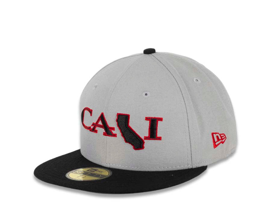 CALI CALIfornia New Era 59FIFTY 5950 Fitted Cap Hat Gray Crown Black Visor Black/Red CALI Script Logo with Map
