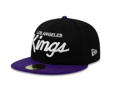 Los Angeles Kings New Era 59FIFTY 5950 Fitted Cap Hat Black Crown Purple Visor White Script Logo 
