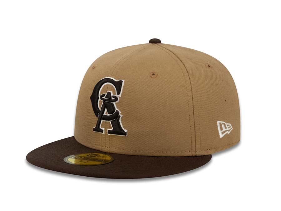 Californa Angels New Era MLB 59FIFTY 5950 Fitted Cap Hat Khaki Crown Brown Visor Brown White Retro Logo