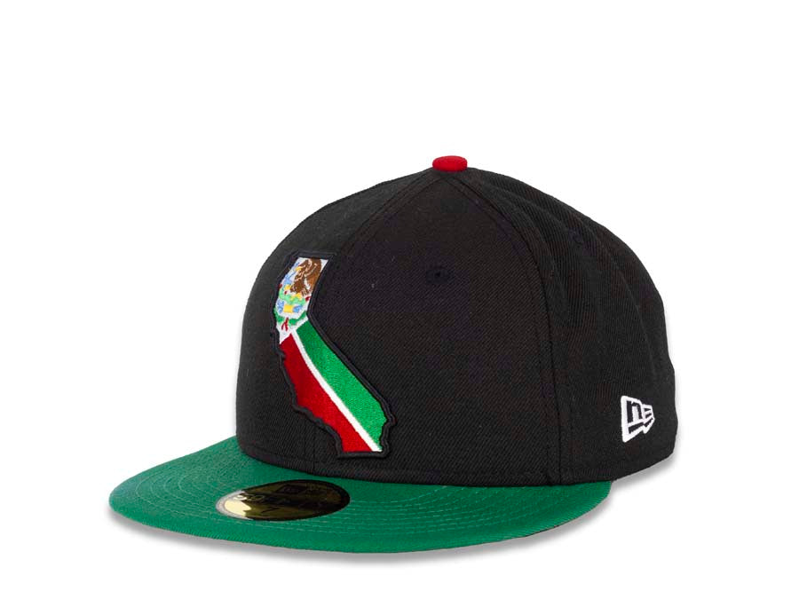 CaliMex New Era 59FIFTY 5950 Fitted Cap Hat Black Crown Green Visor Mexico Flag Inside California State Map Logo