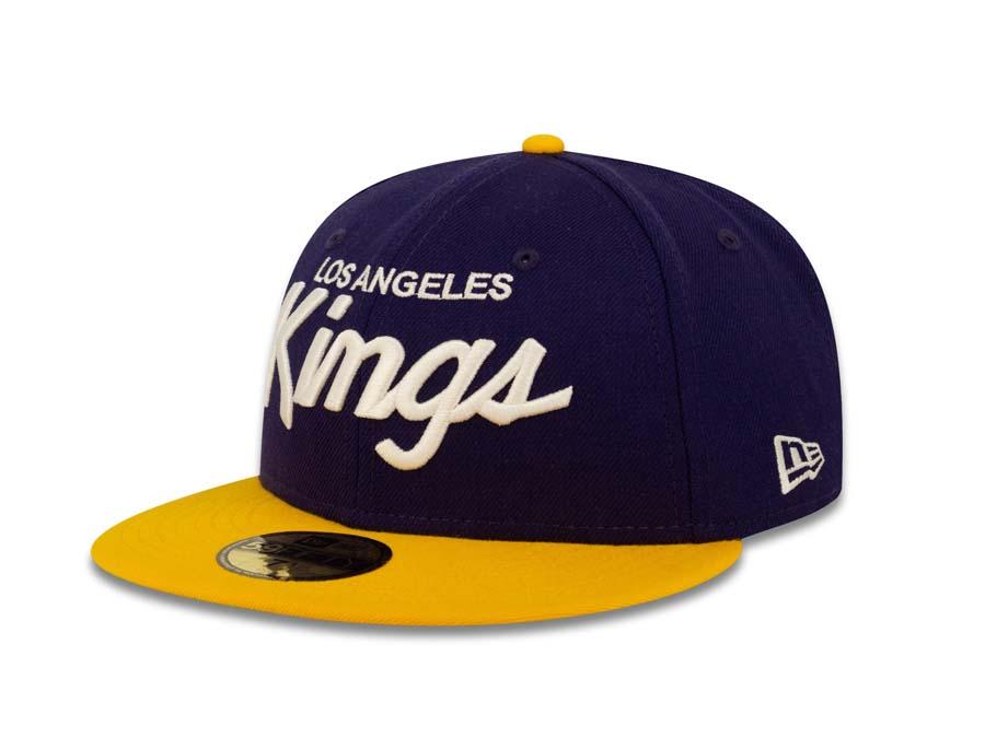 Los Angeles Kings New Era 59FIFTY 5950 Fitted Cap Hat Purple Crown Yellow Visor White Script Logo 