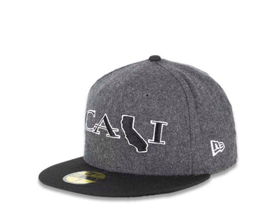 CALI CALIfornia New Era 59FIFTY 5950 Fitted Cap Hat Dark Gray Melton Crown Black Visor Black/White CALI Script Logo with Map