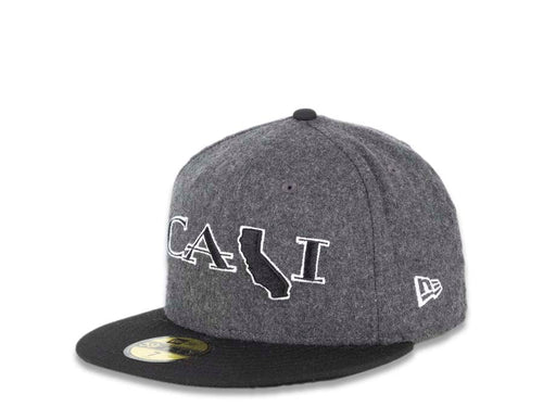 CALI CALIfornia New Era 59FIFTY 5950 Fitted Cap Hat Dark Gray Melton Crown Black Visor Black/White CALI Script Logo with Map