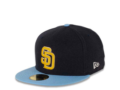 San Diego Padres New Era MLB 59FIFTY 5950 Fitted Cap Hat Melton Dark Navy Crown Sky Blue Visor Yellow/White Logo 