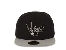 Load image into Gallery viewer, Oceanside New Era 59FIFTY 5950 Fitted Cap Hat Black Crown Gray Visor Black/White O&#39;Side State Map Logo
