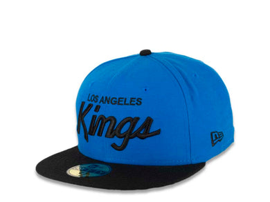 Los Angeles Kings New Era NHL 59FIFTY 5950 Fitted Cap Hat Cardinal Blue Crown Black Visor Black “Text” Logo 