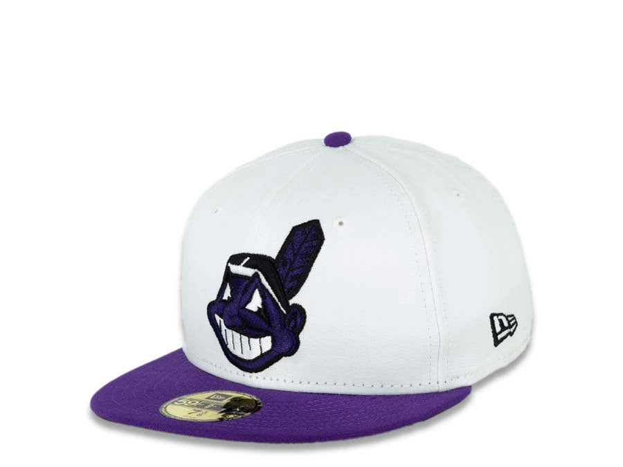 Cleveland Indians New Era MLB 59FIFTY 5950 Fitted Cap Hat White Crown Purple Visor White/Purple/Black Chief Wahoo Logo