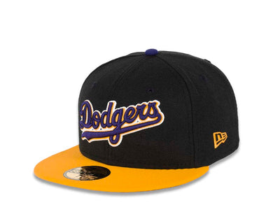 Los Angeles Dodgers New Era MLB 59FIFTY 5950 Cap Hat Black Crown Yellow Visor Purple/Yellow “Text” Logo 