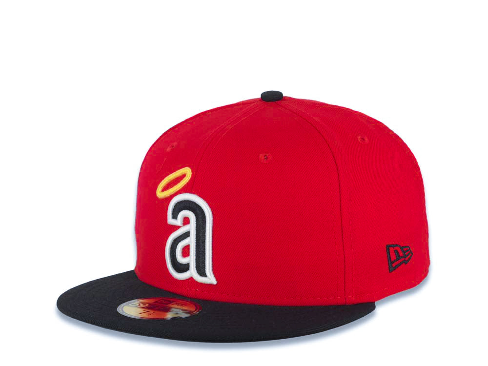 Los Angeles Anaheim Angels New Era MLB 59FIFTY 5950 Fitted Cap Hat Red Crown Black Visor Black/White/Yellow Halo Logo