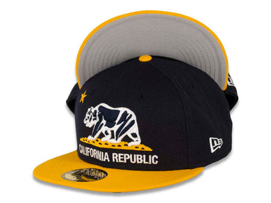 California Republic New Era 59FIFTY 5950 Fitted Cap Hat Dark Navy Crown Yellow Visor Dark Navy/White/Yellow Logo 