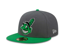 Load image into Gallery viewer, Cleveland Indians New Era MLB 59FIFTY 5950 Fitted Cap Hat Dark Gray Crown Green Visor Chief Wahoo Logo 
