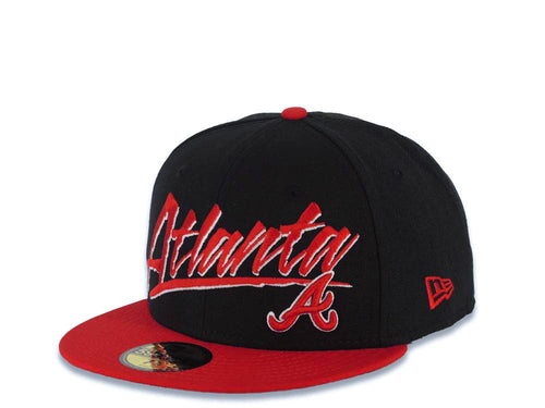 Atlanta Braves New Era 59FIFTY 5950 MLB Fitted Cap Hat Black Crown Red Visor Red/White Large Text/Script Logo