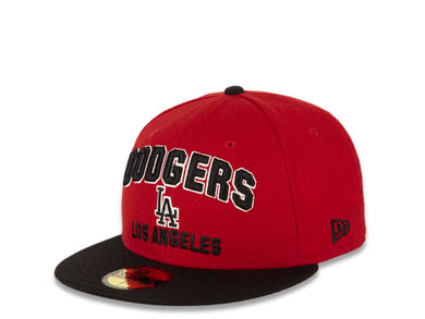 Los Angeles Dodgers New Era MLB 59FIFTY 5950 Fitted Cap Hat Red Crown Black Visor Black/White Text Logo (PayDirt)