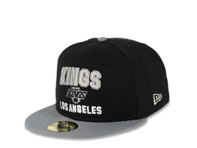 Los Angeles Kings New Era NHL 59FIFTY 5950 Fitted Cap Hat Black Crown Storm Gray Visor Gray/White Text Logo (Pay Dirt)