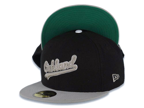 Oakland A's Athletics New Era MLB 59FIFTY 5950 Fitted Cap Hat Black Crown Gray Visor Gray/White Script Logo Green UV