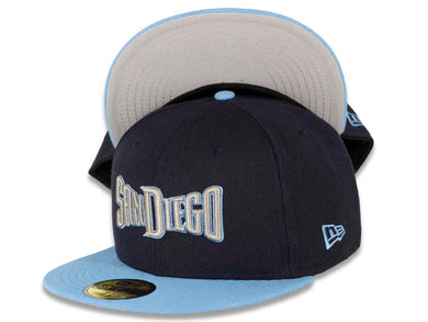 San Diego Padres New Era MLB 59FIFTY 5950 Fitted Cap Hat Navy Crown Sky Blue Visor Gray/Sky Blue “Text” Logo 