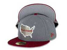 Load image into Gallery viewer, West Coast New Era 59FIFTY 5950 Fitted Cap Hat Storm Gray Crown Cardinal Red Visor Cardinal/Gray Logo Text Inside US Map
