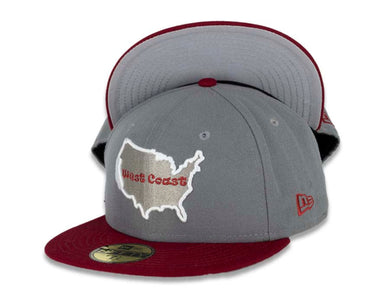West Coast New Era 59FIFTY 5950 Fitted Cap Hat Storm Gray Crown Cardinal Red Visor Cardinal/Gray Logo Text Inside US Map