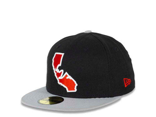 California Bear New Era 59FIFTY 5950 Fitted Cap Hat Black Crown Gray Visor Red/White Bear Inside State Map Logo (Freeway)