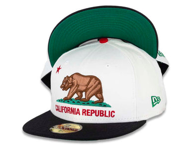 California Republic New Era 59FIFTY 5950 Fitted Cap Hat White Crown Black Visor Bear With Text Logo 