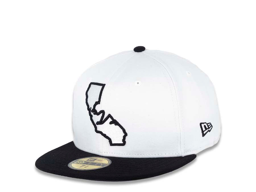 Cali CALIfornia New Era 59FIFTY 5950 Fitted Cap Hat White Crown Black Visor White/Black Bear in State Map Freeway Logo 