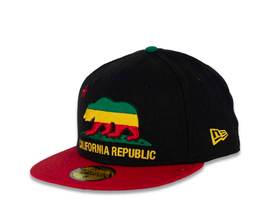 California Republic New Era 59FIFTY 5950 Fitted Cap Hat Black Crown Red Visor Green/Yellow/Red Logo 
