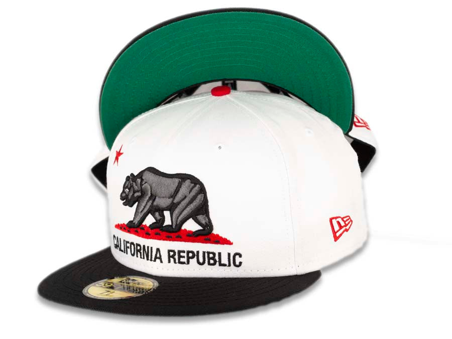 California Republic New Era 59FIFTY 5950 Fitted Cap Hat White Crown Black Visor Dark Gray/Black/Red Bear Logo