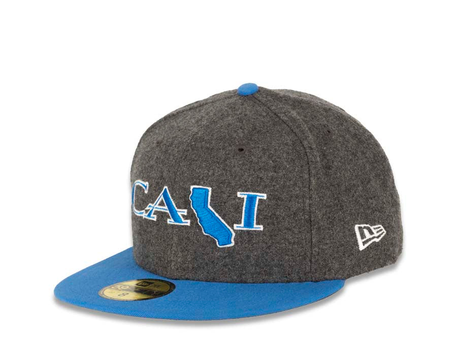 CALI CALIfornia New Era 59FIFTY 5950 Fitted Cap Hat Dark Gray Melton Crown Blue Visor Blue/White CALI Script Logo with Map